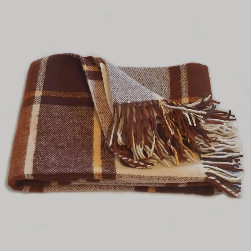 Brown Plaid 100% New Zealand Wool Throw Blanket with Fringe 55×79 in - View 4