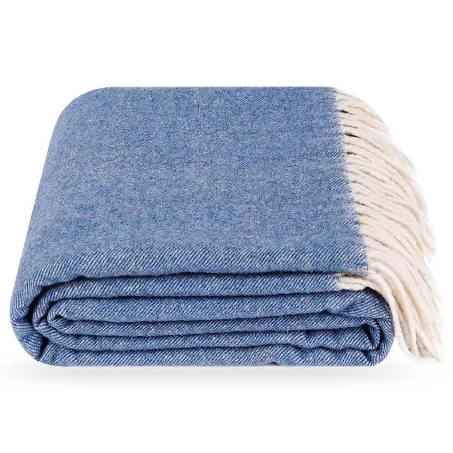 Luxury Cashmere & Wool Throw Blanket – Blue with White Fringe (55x79 Inches)