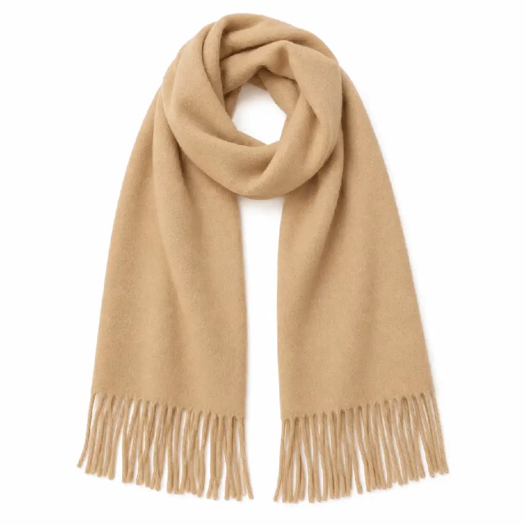 Beige wool scarf made from 100% wool with fringe on white background