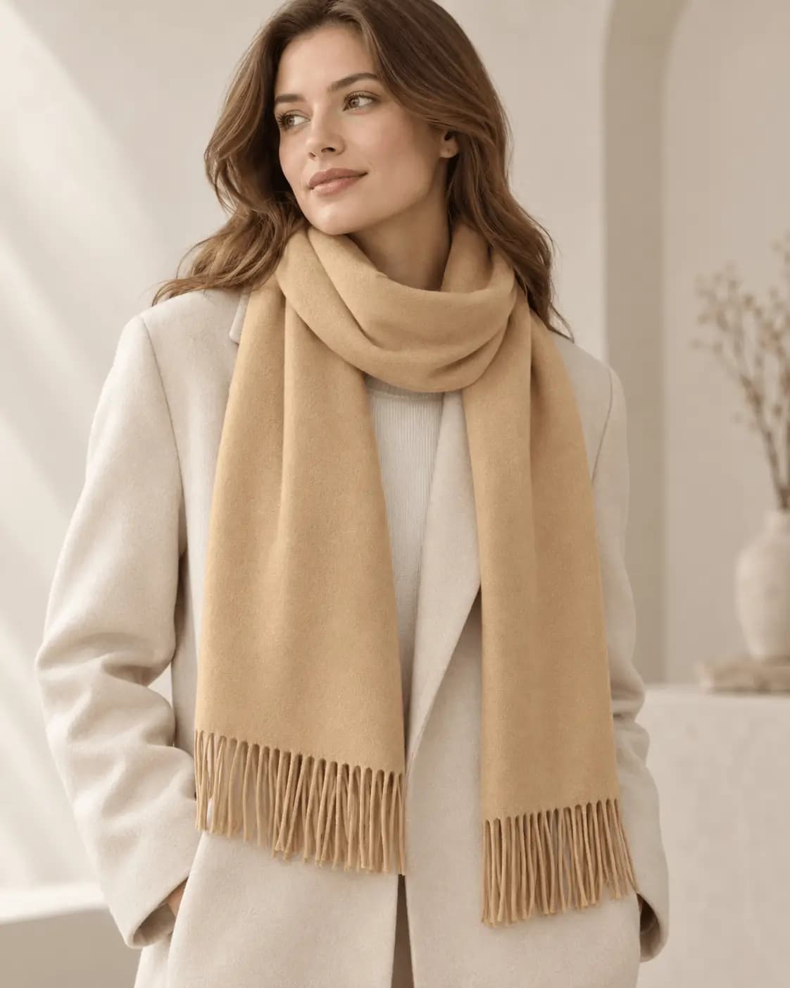 Beige Wool Scarf – 100% Wool Winter Scarf, 11.8"x78.7" - View 2