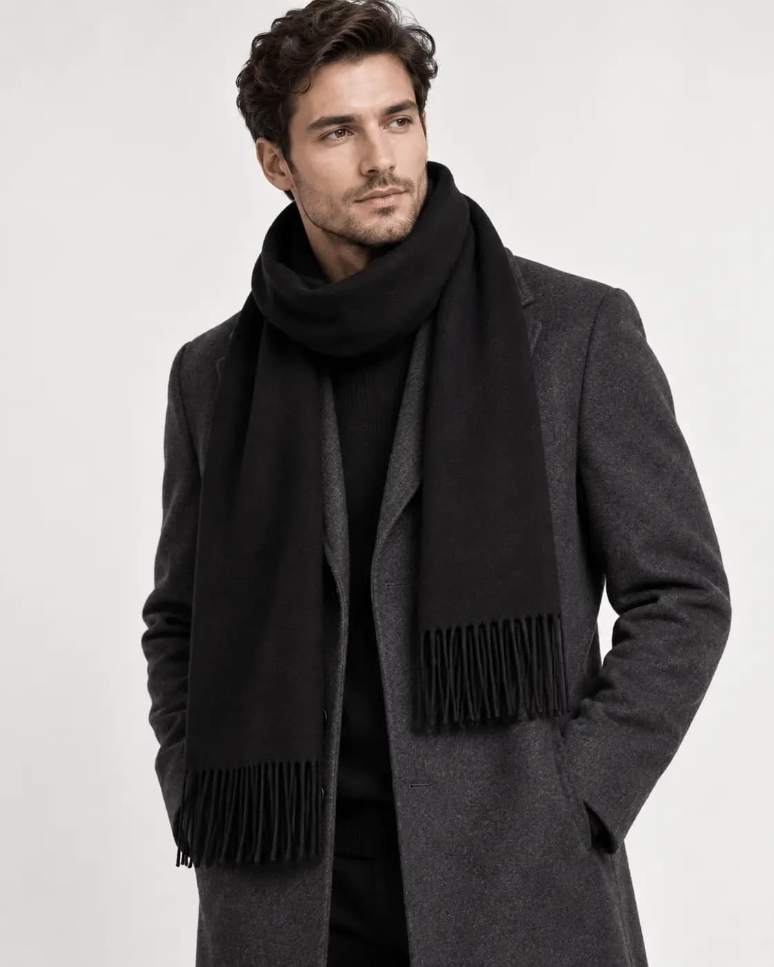 Black Wool Scarf for Men & Women - 100% Wool, 11.8x78.7 inches - View 2