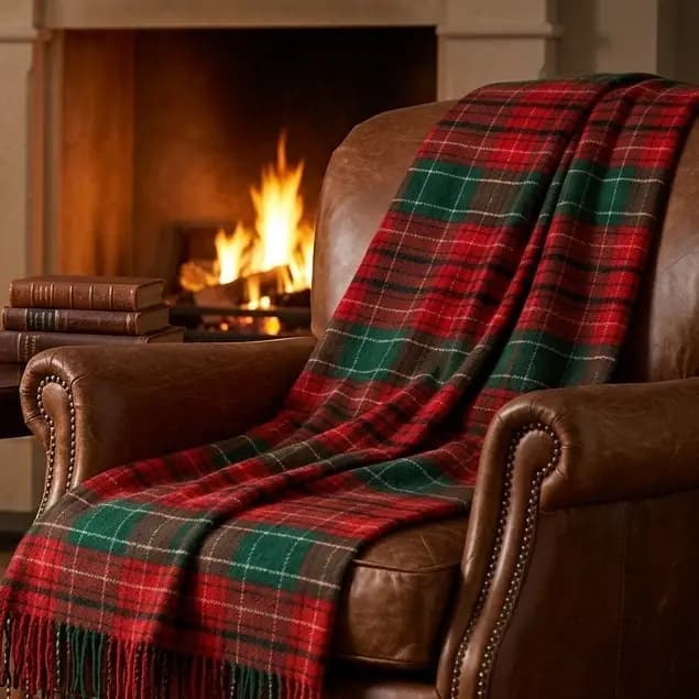 Red Green Plaid Wool Throw Blanket – 100% Sheep Wool Christmas Tartan Blanket, 55" x 79" - View 2