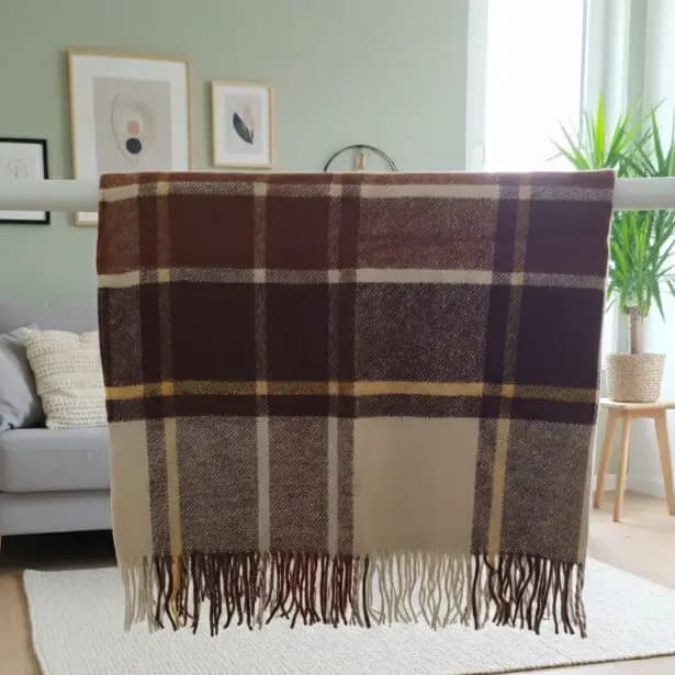 Brown Plaid 100% New Zealand Wool Throw Blanket with Fringe 55×79 in - View 5