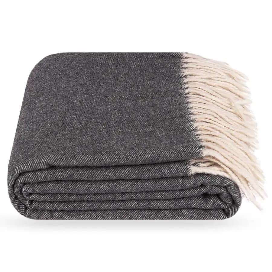 Charcoal Gray Wool & Cashmere Throw Blanket with White Fringe – 55"x79"