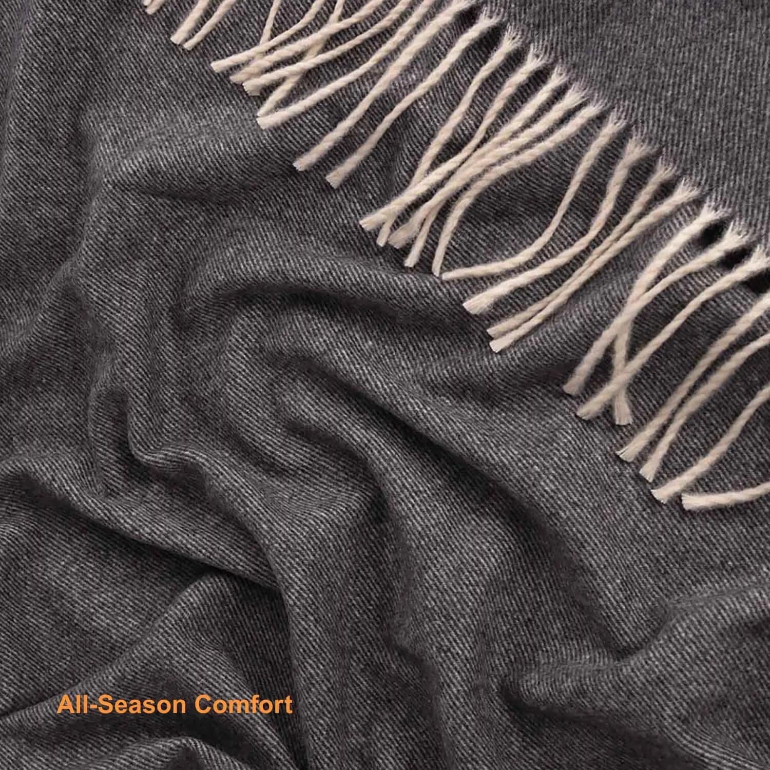 Charcoal Grey Wool & Cashmere Throw Blanket with White Fringe, 140x200 cm (55"x79") - View 2