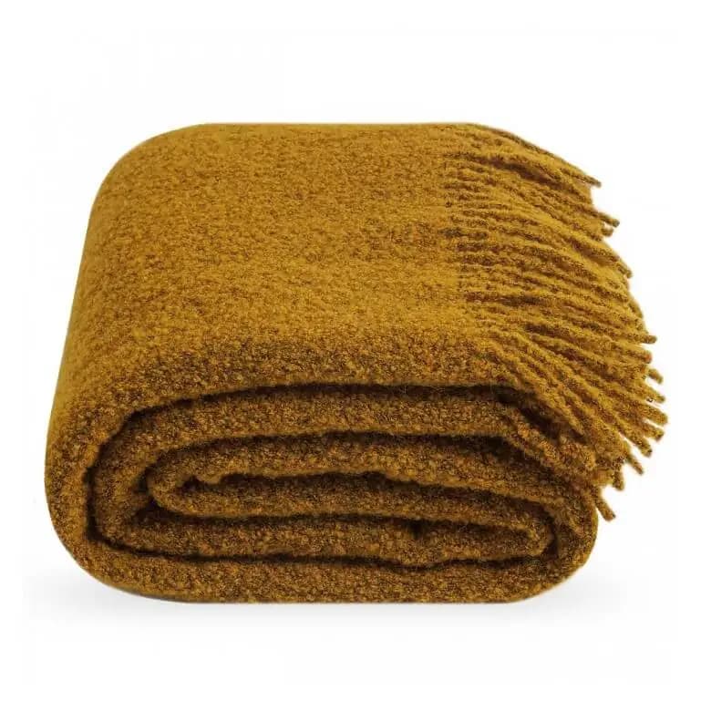 Jeté en laine bouclée jaune moutarde – 55x79 po, couverture chaude pour sofa, lit, chalet ou terrasse