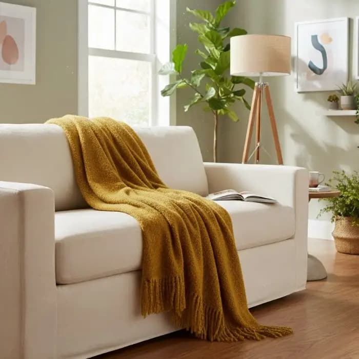 Mustard Yellow Bouclé Wool Throw Blanket – 140x200 cm (55x79 in), Sofa Blanket for Home, Cottage or Patio - View 6