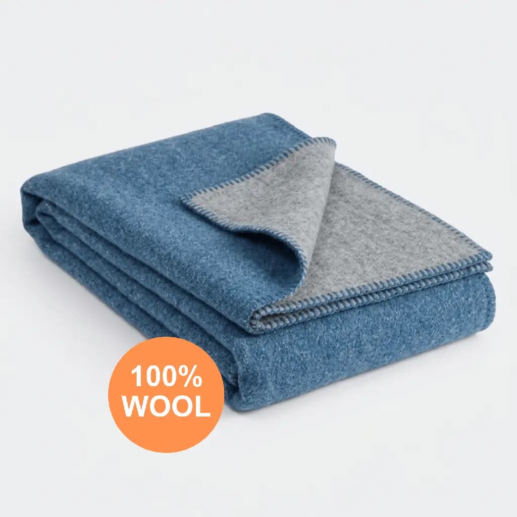 Reversible Blue & Light Gray 100% Wool Camping Blanket
