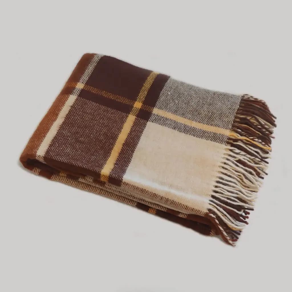 Brown Plaid 100% New Zealand Wool Throw Blanket with Fringe 55×79 in