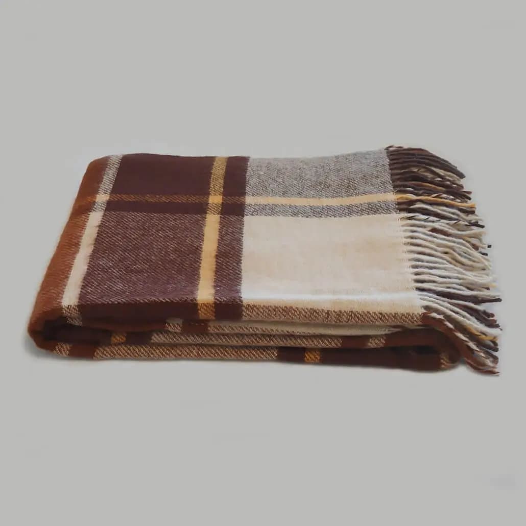 Brown Plaid 100% New Zealand Wool Throw Blanket with Fringe 55×79 in - View 3