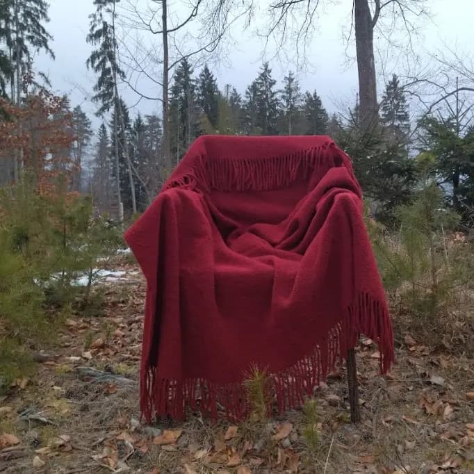 Burgundy Wool Throw Blanket – Bouclé Texture with Fringe, 55x79 in - View 2