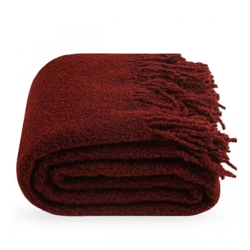 Burgundy Wool Throw Blanket – Bouclé Texture with Fringe, 55x79 in