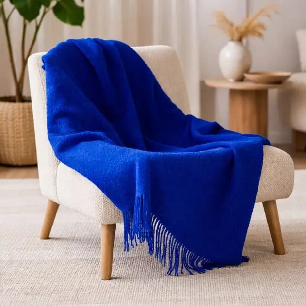 Royal Blue Bouclé Wool Throw Blanket - View 2
